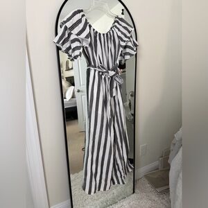 Flying Tomato Black and White Striped Off-Shoulder Jumpsuit
